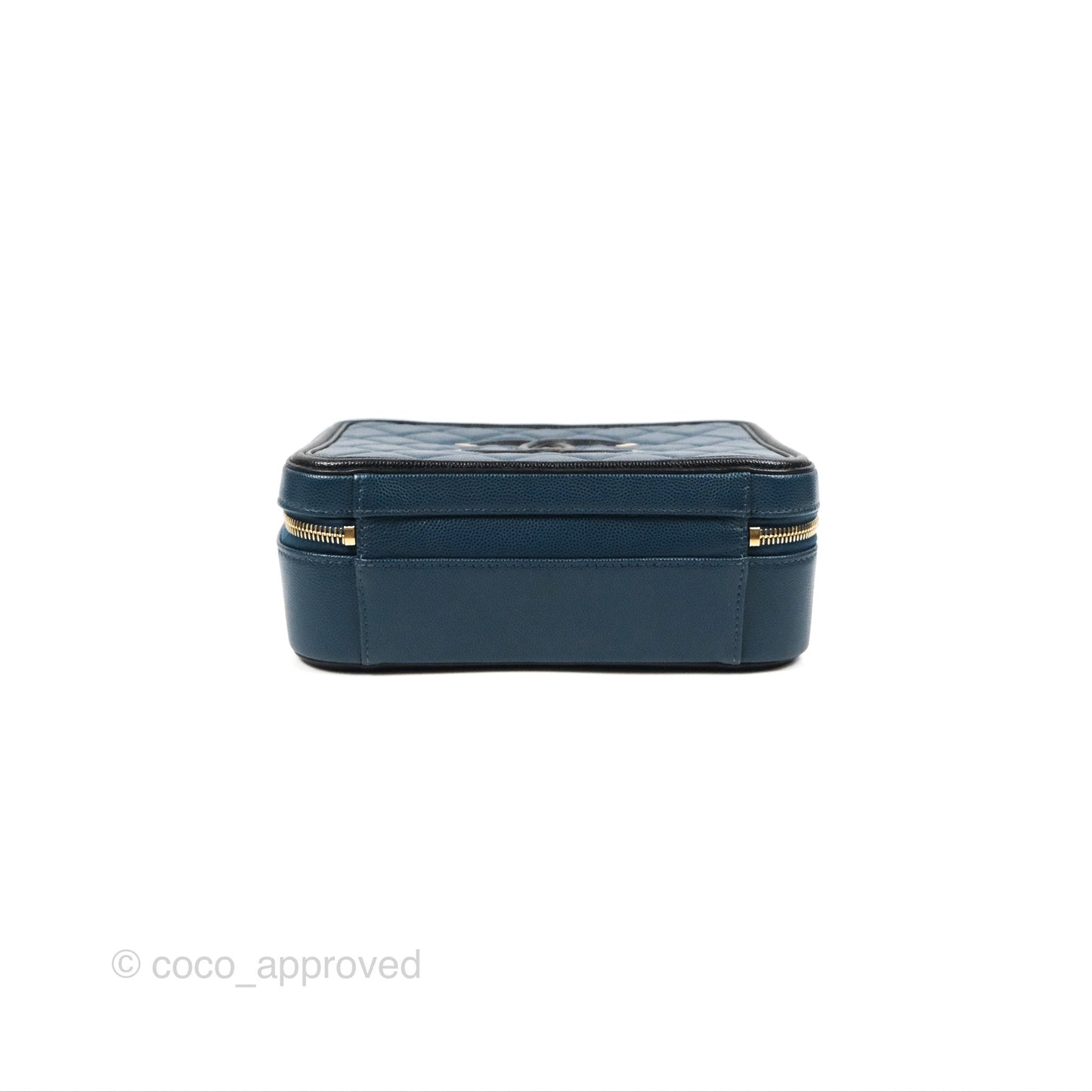 Chanel Quilted Medium CC Filigree Vanity Case Navy Black Caviar Aged Gold Hardware