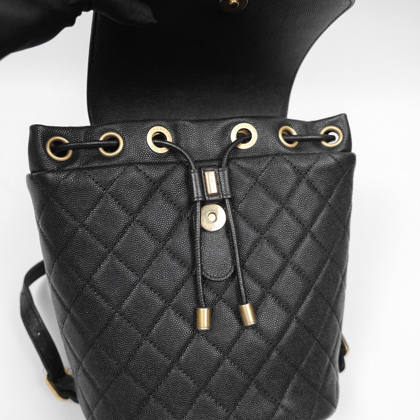 Chanel Small Quilted Filigree Backpack Black Caviar Aged Gold Hardware