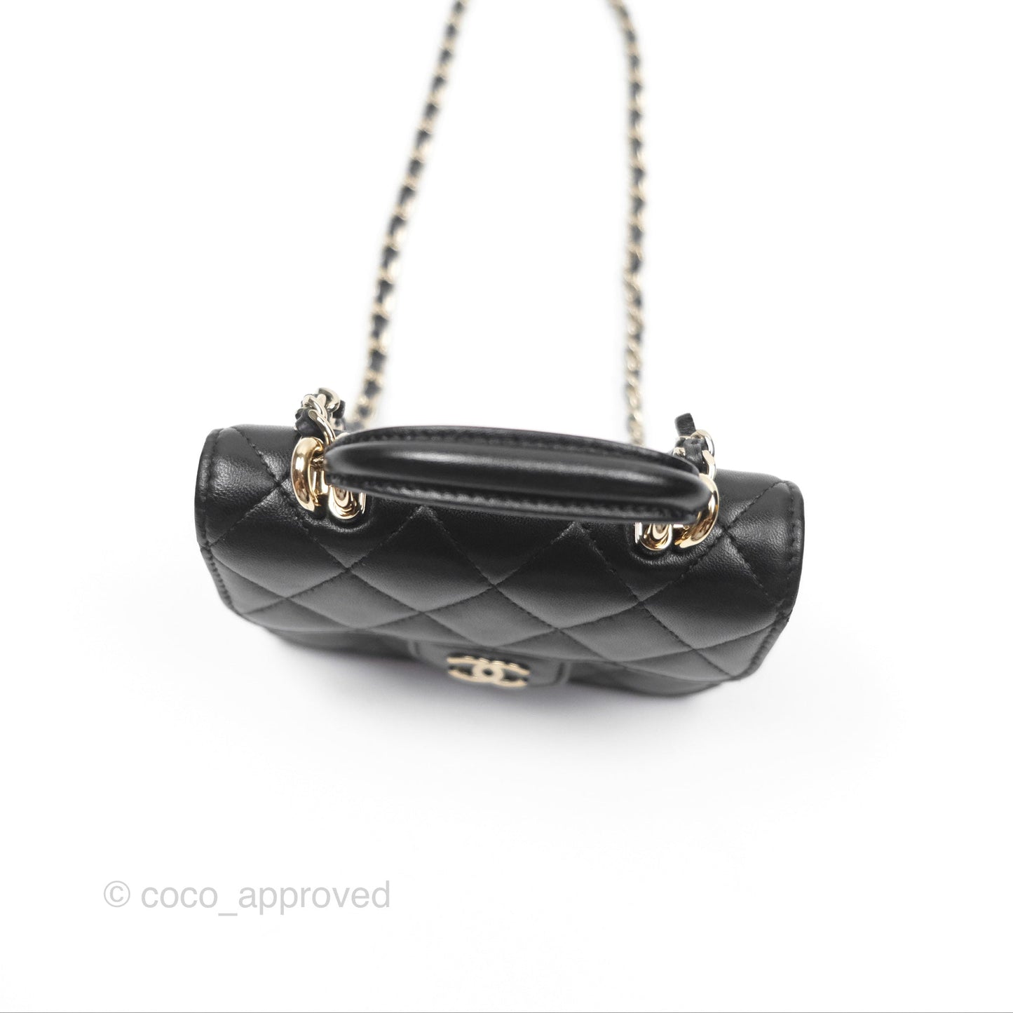 Chanel Mini Handle Flap Coin Purse With Chain Black Lambskin Gold Hardware