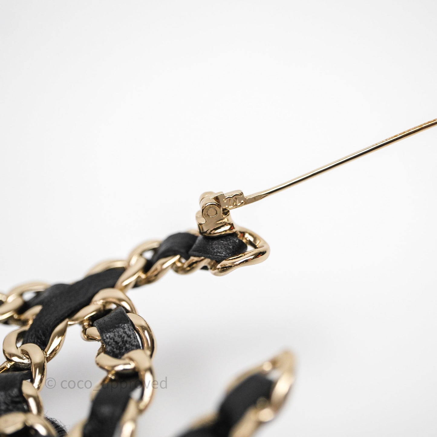 Chanel CC Braided Black Leather Brooch Gold Tone 22V
