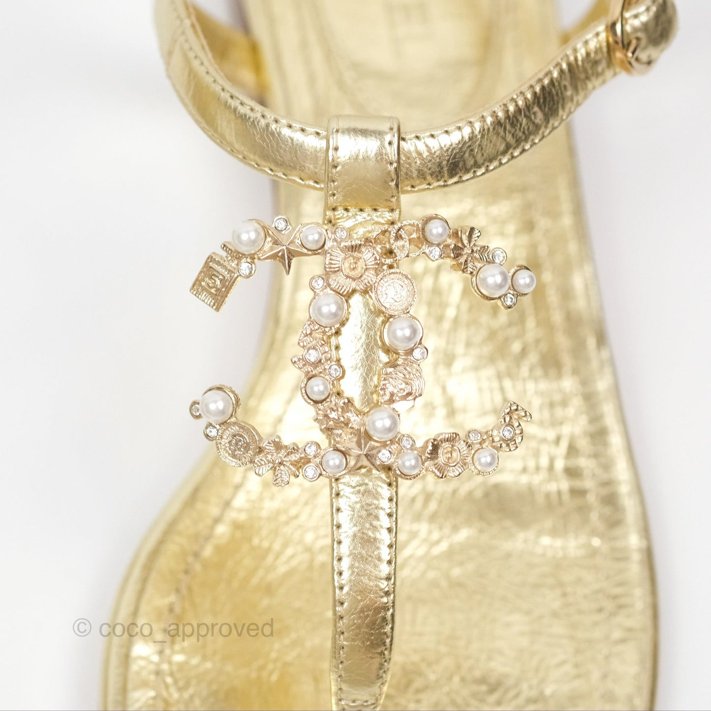 Chanel CC  Gold Metallic Leather Stone Thong Sandals Size 35