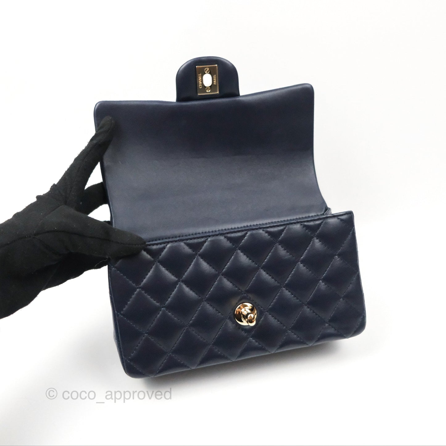 Chanel Top Handle Mini Rectangular Flap Bag Navy Lambskin Gold Hardware