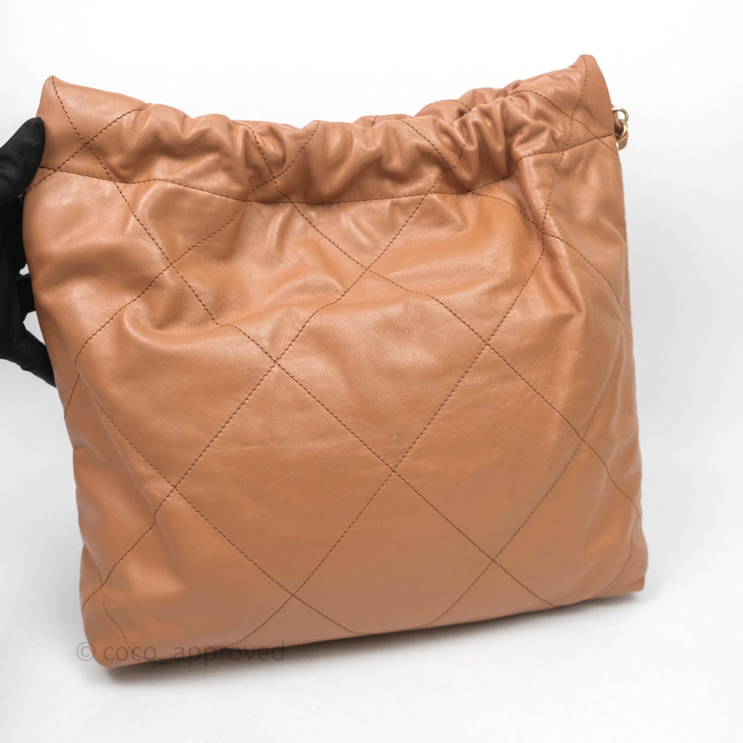 Chanel 22 Small Caramel Beige Shiny Calfskin Aged Gold Hardware