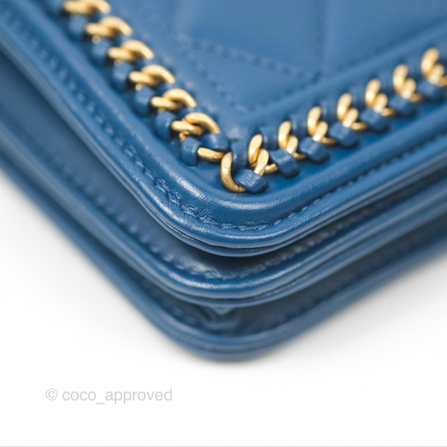 Chanel Quilted Boy Wallet on Chain WOC Blue Calfskin Aged Gold Hardware