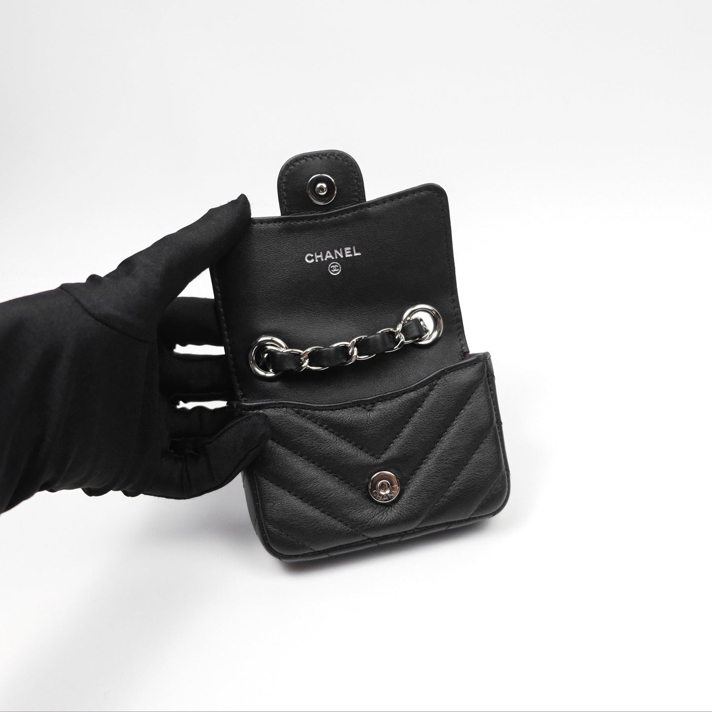 Chanel Mini Card Holder Chain Belt Bag Chevron Black Calfskin Silver Hardware
