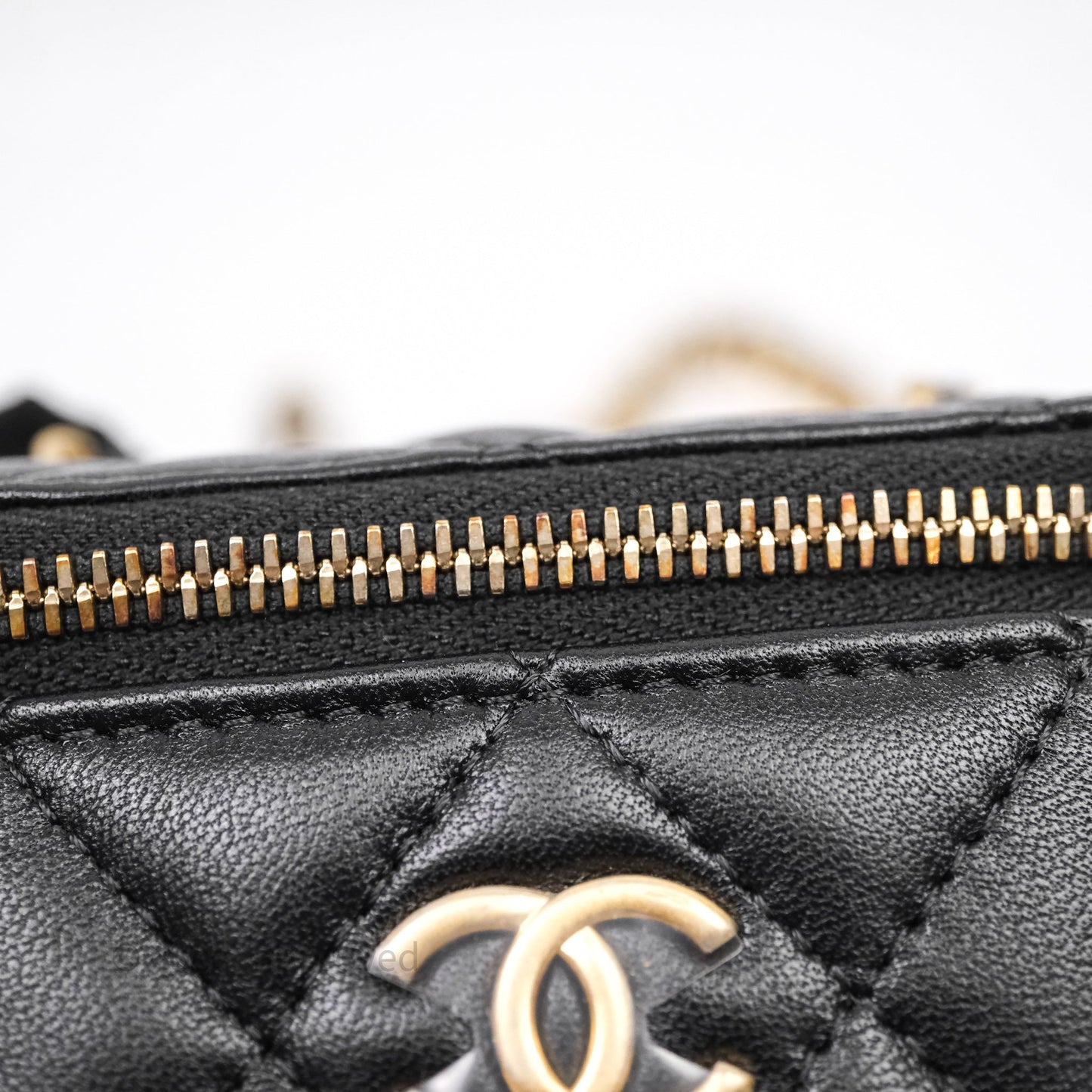 Chanel Mini Vanity With Double Chain Black Lambskin Aged Gold Hardware