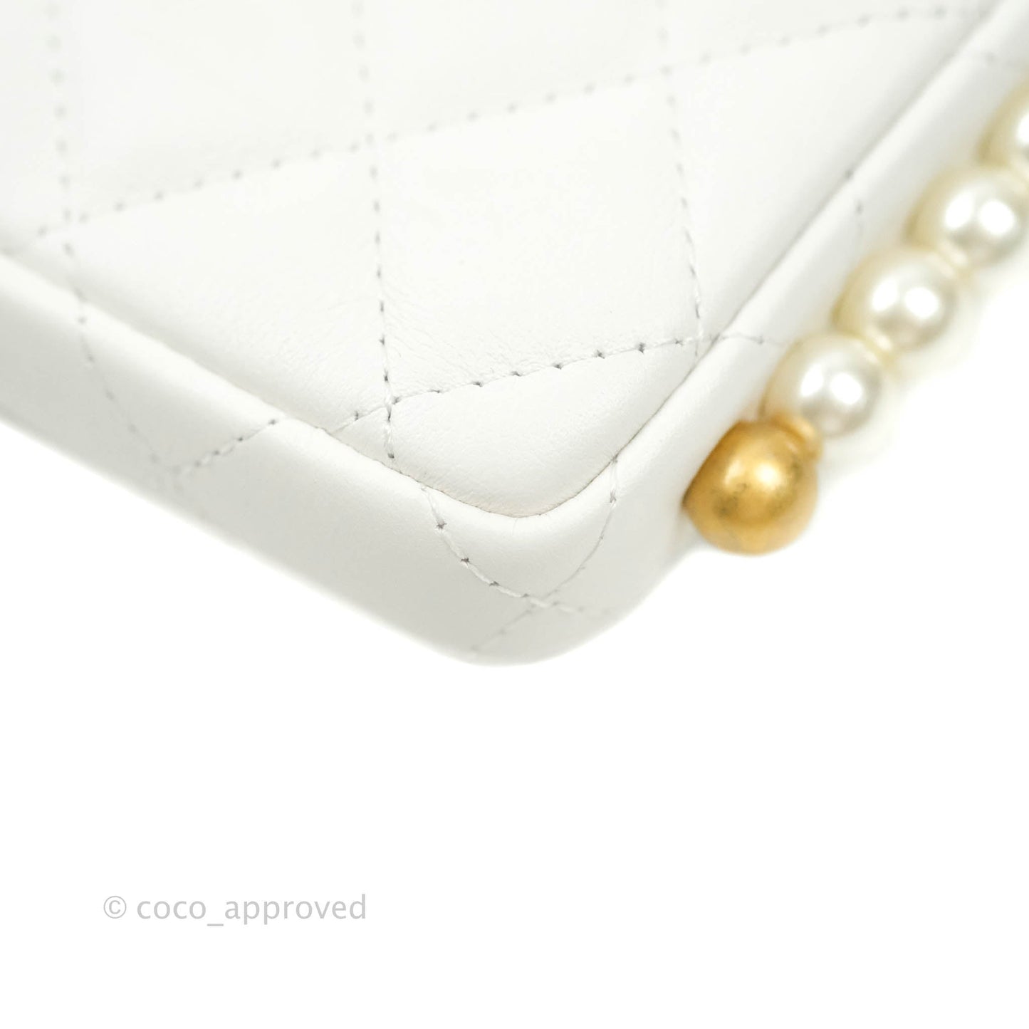 Chanel Flap Card Holder With Pearl Chain White Calfskin Aged Gold Hardware