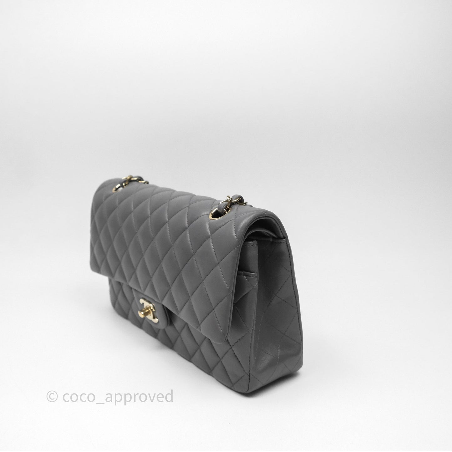 Chanel Classic M/L Medium Flap Quilted Grey Lambskin Gold Hardware
