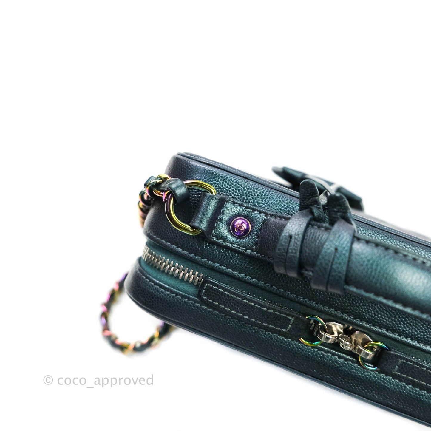 Chanel Quilted Medium CC Filigree Vanity Case Iridescent Dark Turquoise Caviar Rainbow Hardware
