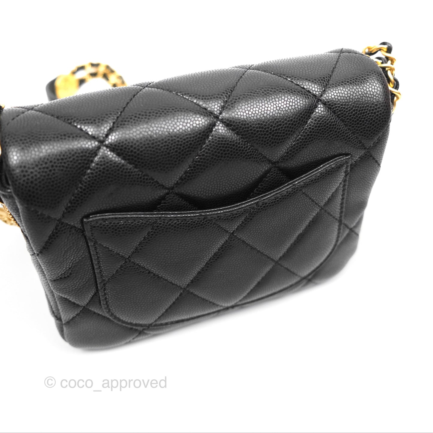 Chanel Mini Flap with Coin Charm Black Caviar Aged Gold Hardware 22A