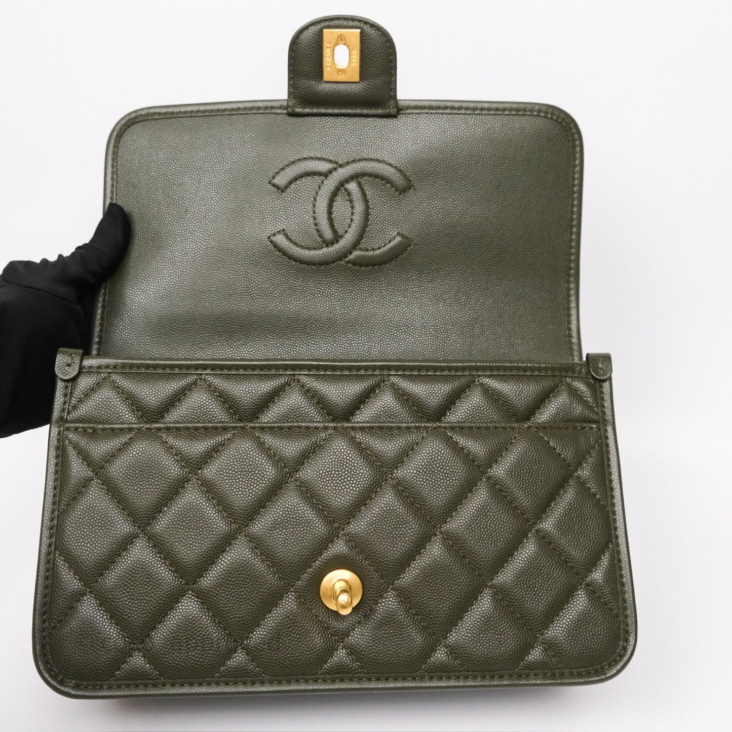 Chanel School Memory Top Handle Flap Army Green Caviar Aged Gold Hardware