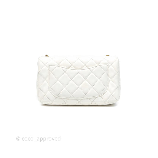 Chanel Mini Rectangular Pearl Crush Quilted White Lambskin Aged Gold Hardware