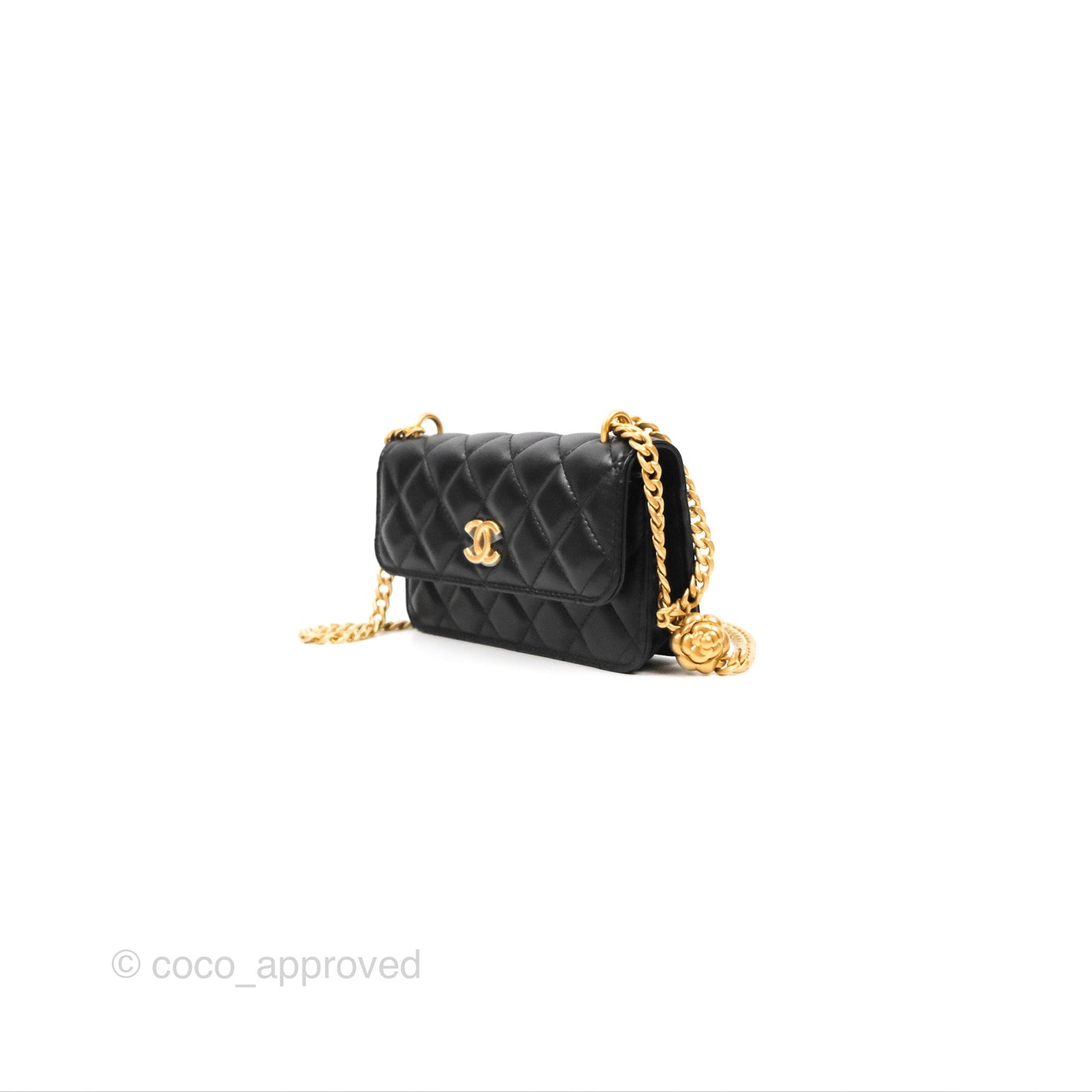 Chanel Mini WOC Phone Holder with Camellia Adjustable Chain Black Lambskin