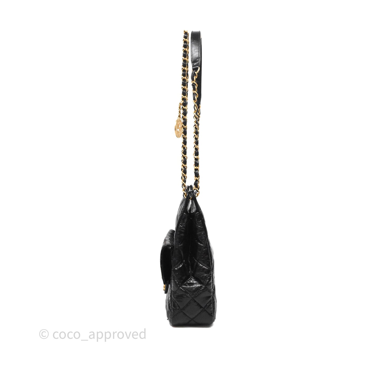 Chanel Medium Quilted Wavy CC Hobo Black Shiny Crumpled Calfskin Aged Gold Hardware