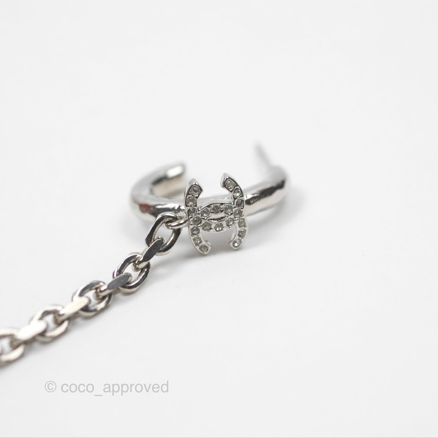 Chanel Crystal CC Chain Earrings Ear Cuff Silver Tone 22A