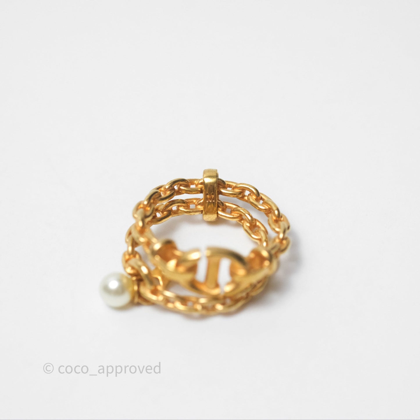 Christian Dior CD Double Chain Star Pearl Ring Gold Tone