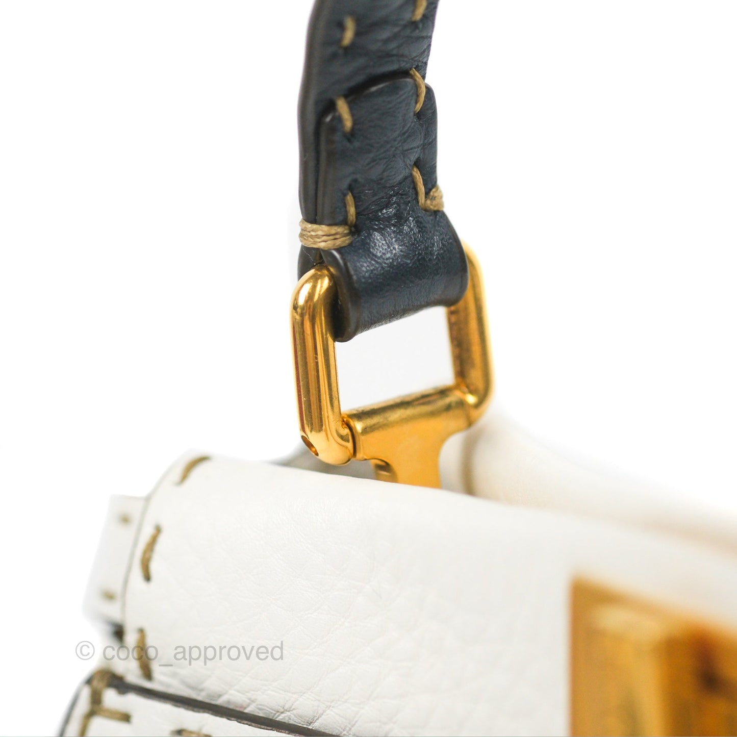 Fendi Mini Peekaboo Bag Contrast Stitch Off White/Navy Grained Leather Gold Hardware