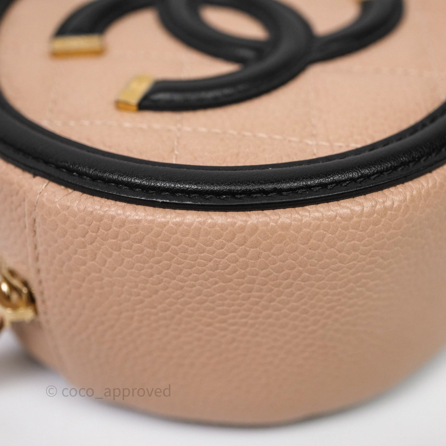 Chanel Quilted Round Filigree Clutch With Chain Beige/ Black Caviar Aged Gold Hardware