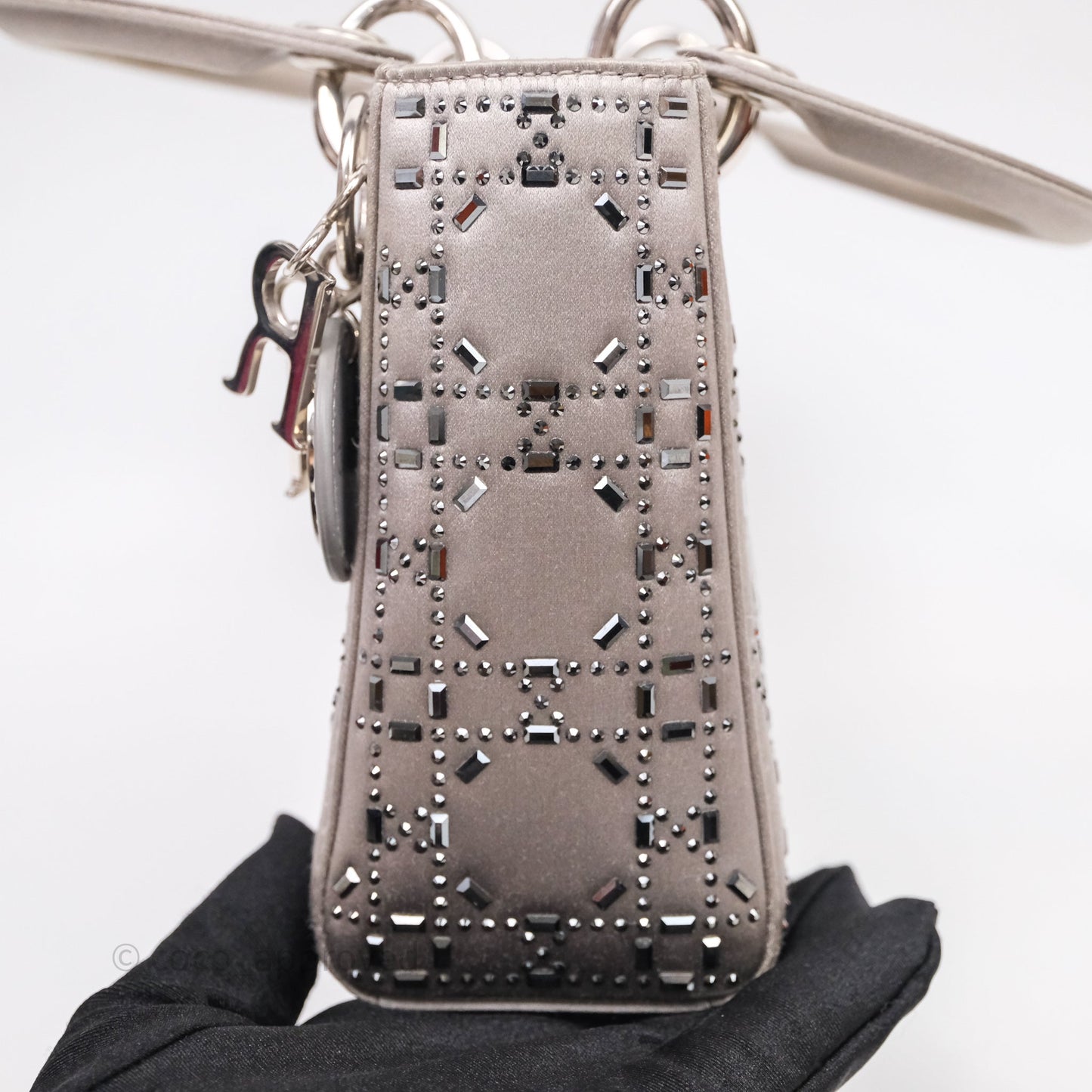 Christian Dior Mini Lady Dior Bag Grey Strass Cannage Satin Silver Hardware