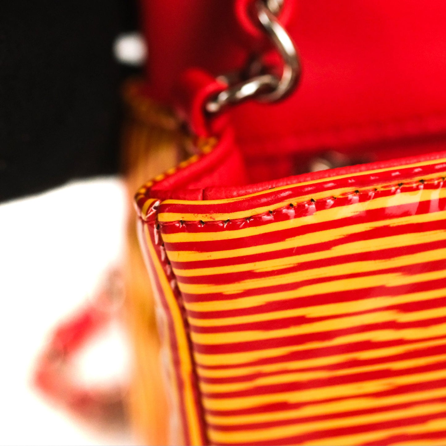 Chanel Mini Rectangular Flap Bag Orange Red Striped Patent Silver Hardware