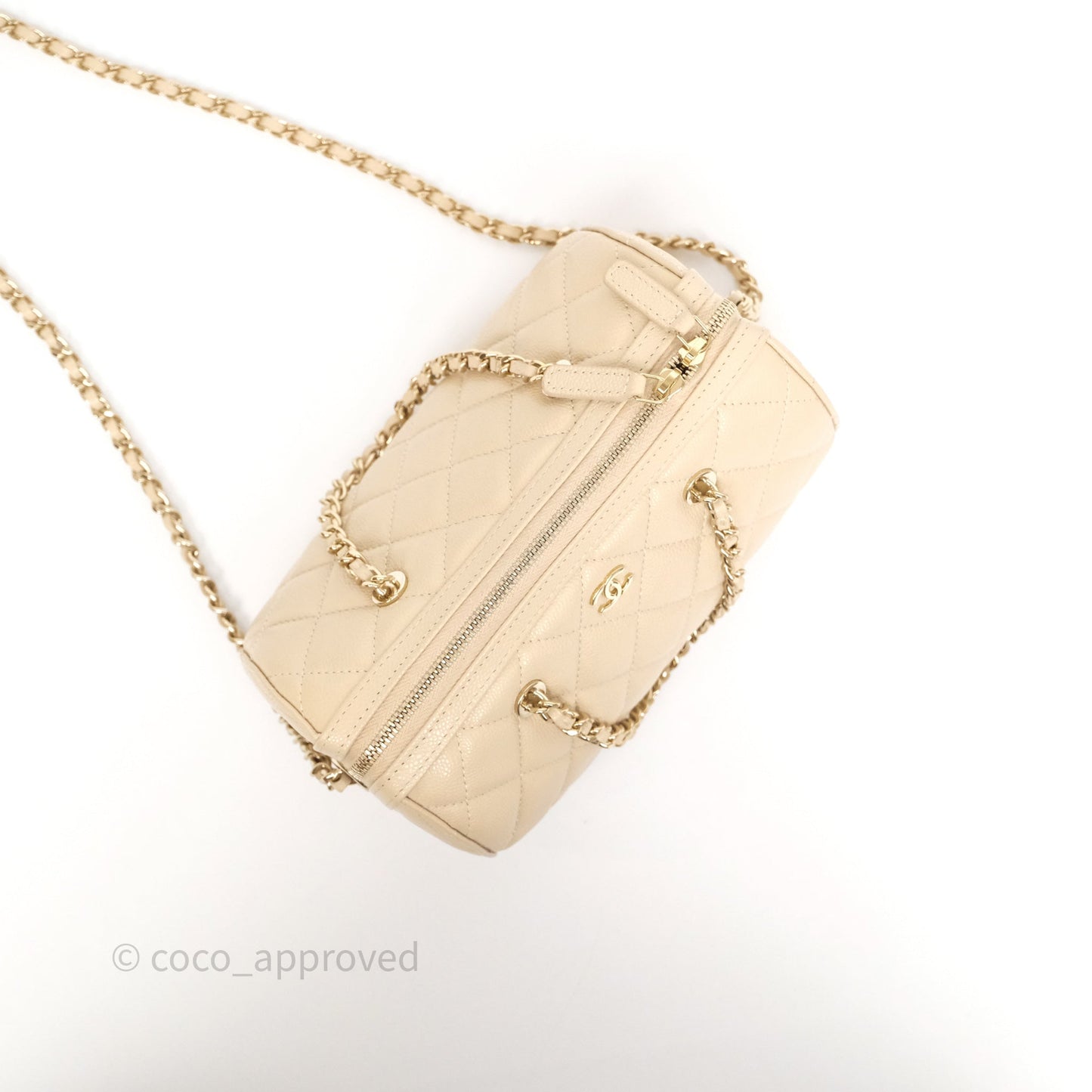 Chanel Mini Quilted Bowling Bag Beige Caviar Gold Hardware 25P