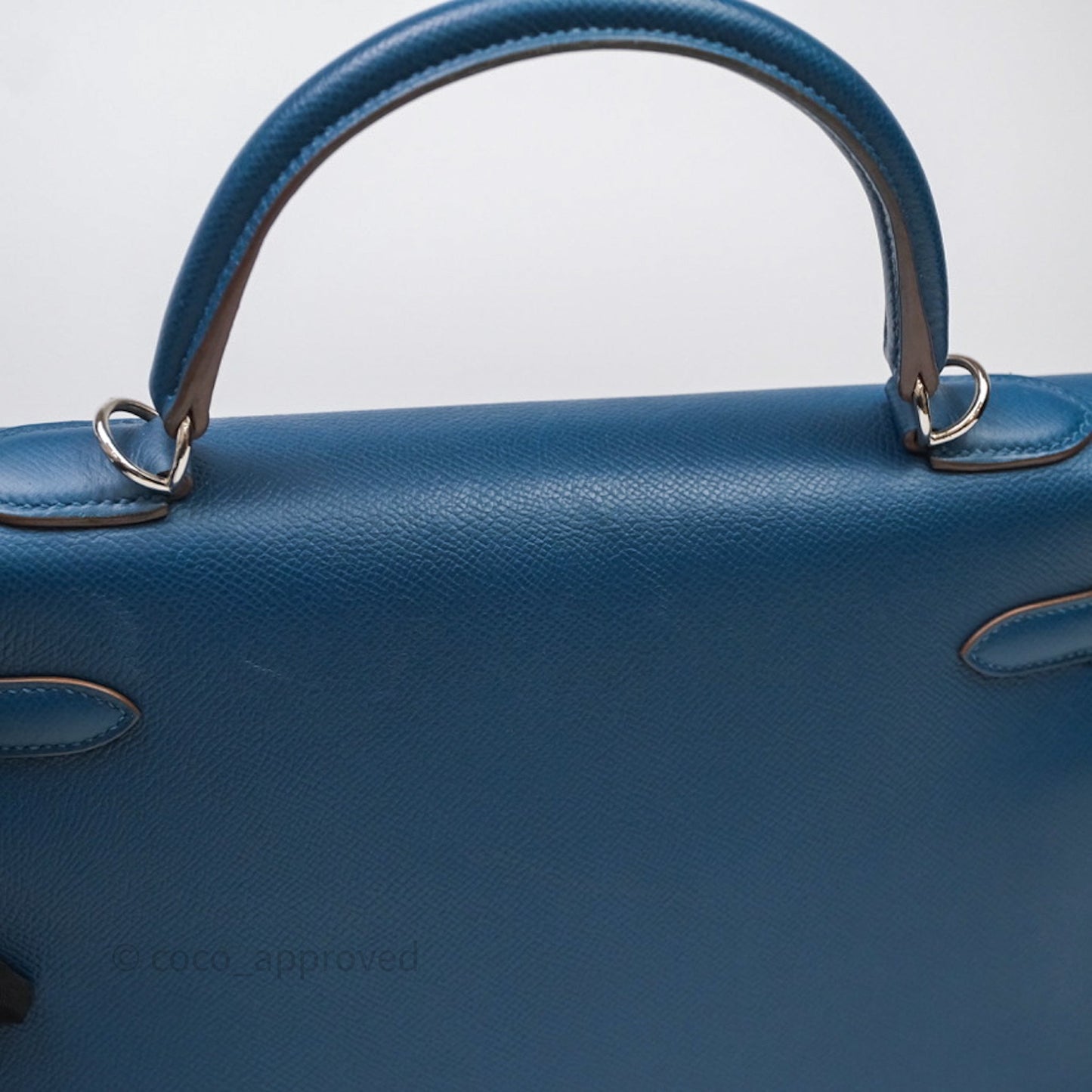Hermès Kelly 32 Sellier Bleu Thalassa 7A/ White Epsom Palladium Hardware