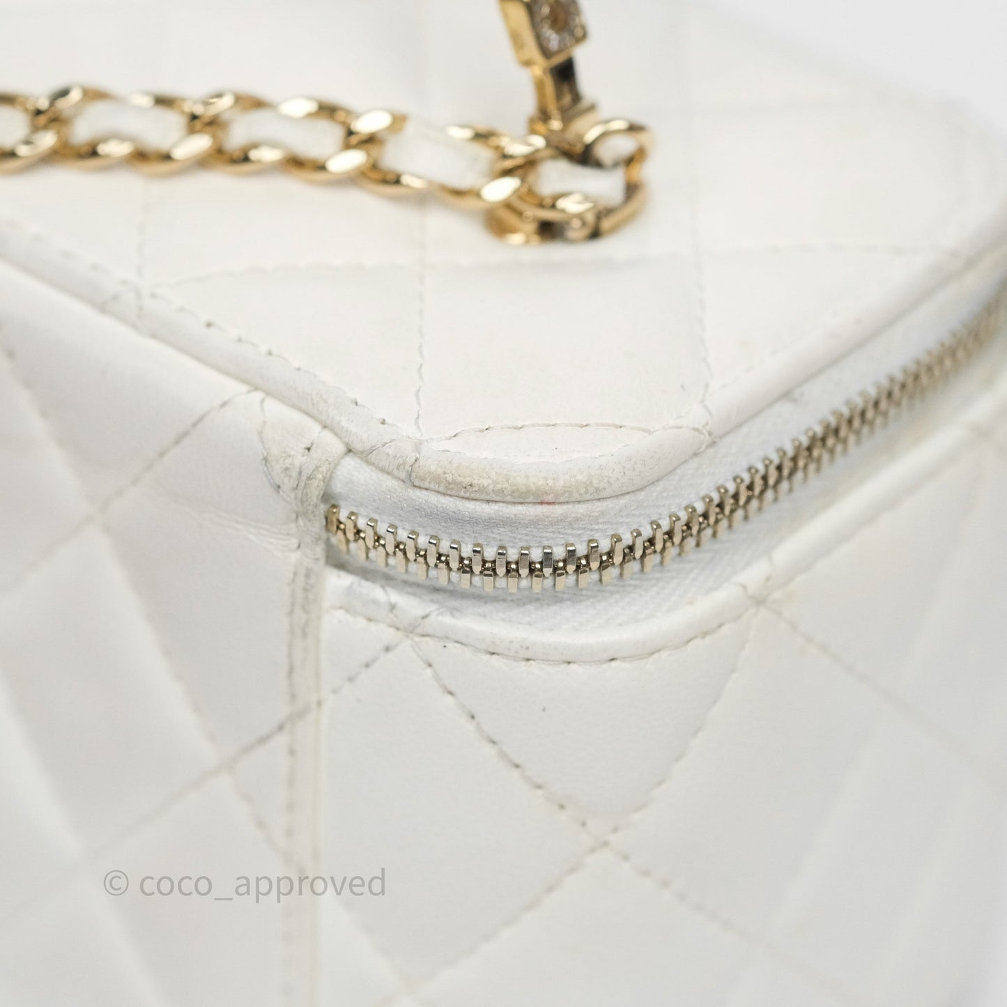 Chanel Logo Crystals Top Handle Vanity Rectangular White Lambskin Gold Hardware