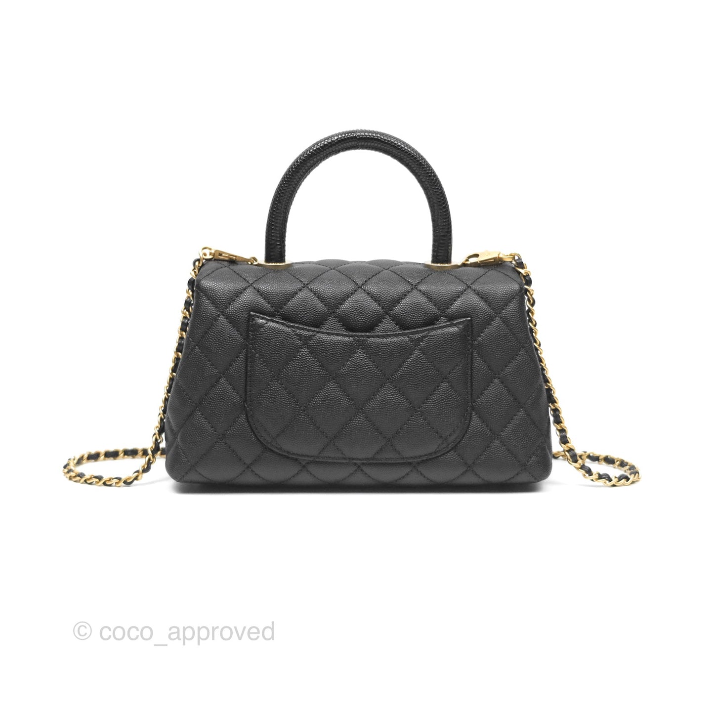 Chanel Small Coco Handle Quilted Black Caviar Aged Gold Hardware Lizard Handle