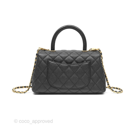Chanel Small Coco Handle Quilted Black Caviar Aged Gold Hardware Lizard Handle