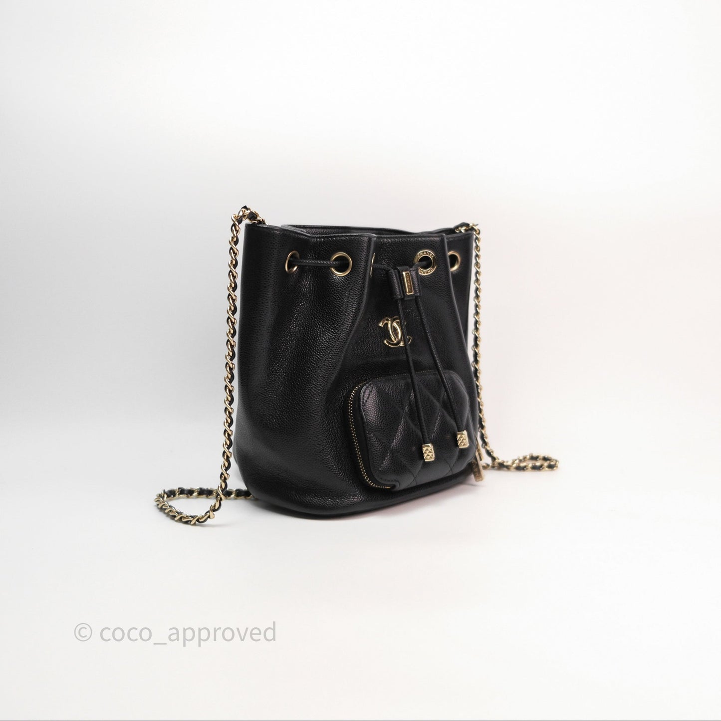 Chanel Business Affinity Drawstring Bucket Bag Black Caviar Gold Hardware