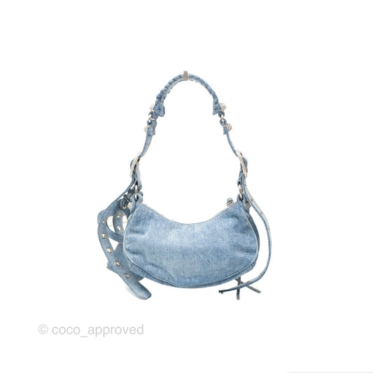 Balenciaga Small Le Cagole Shoulder Bag Blue Washed Denim with Rhinestones
