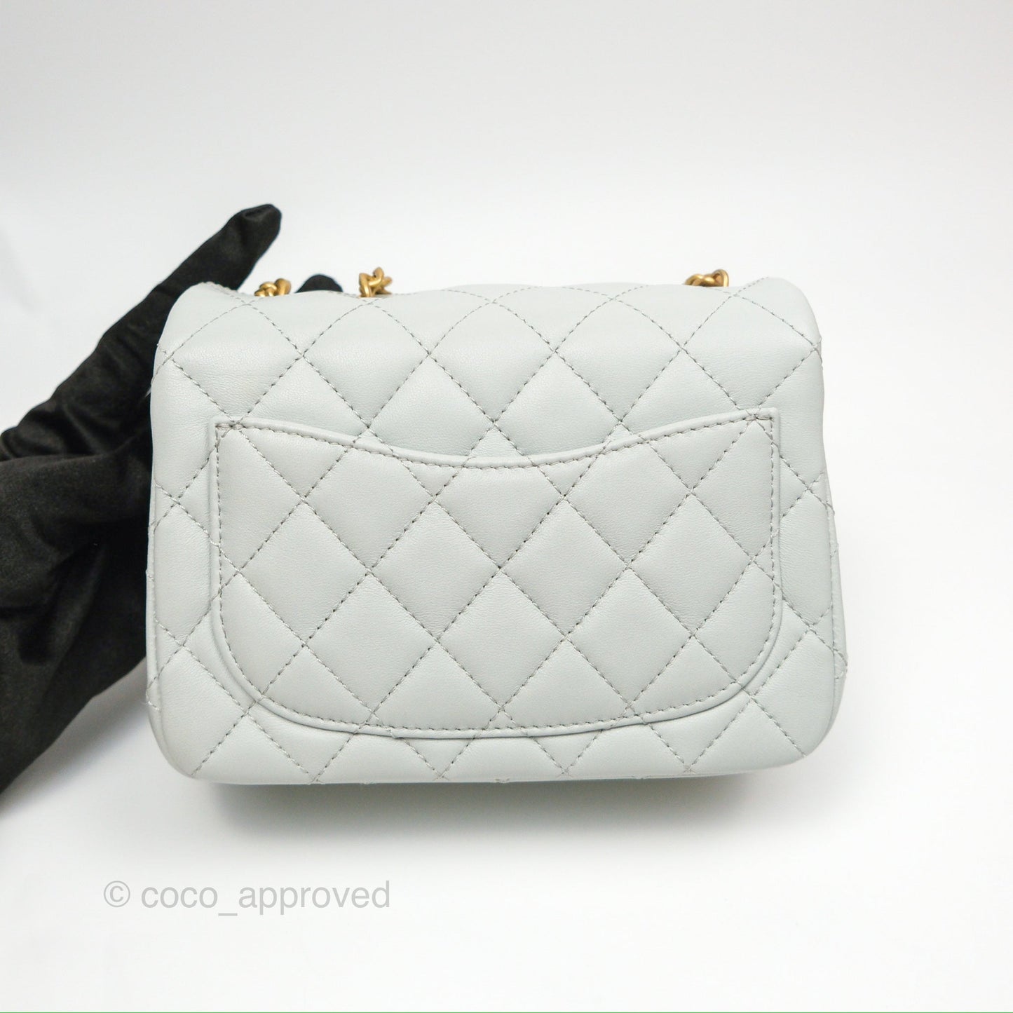 Chanel Quilted Mini Square Flap with Camellia Adjustable Chain Blue Clair Lambskin 23S