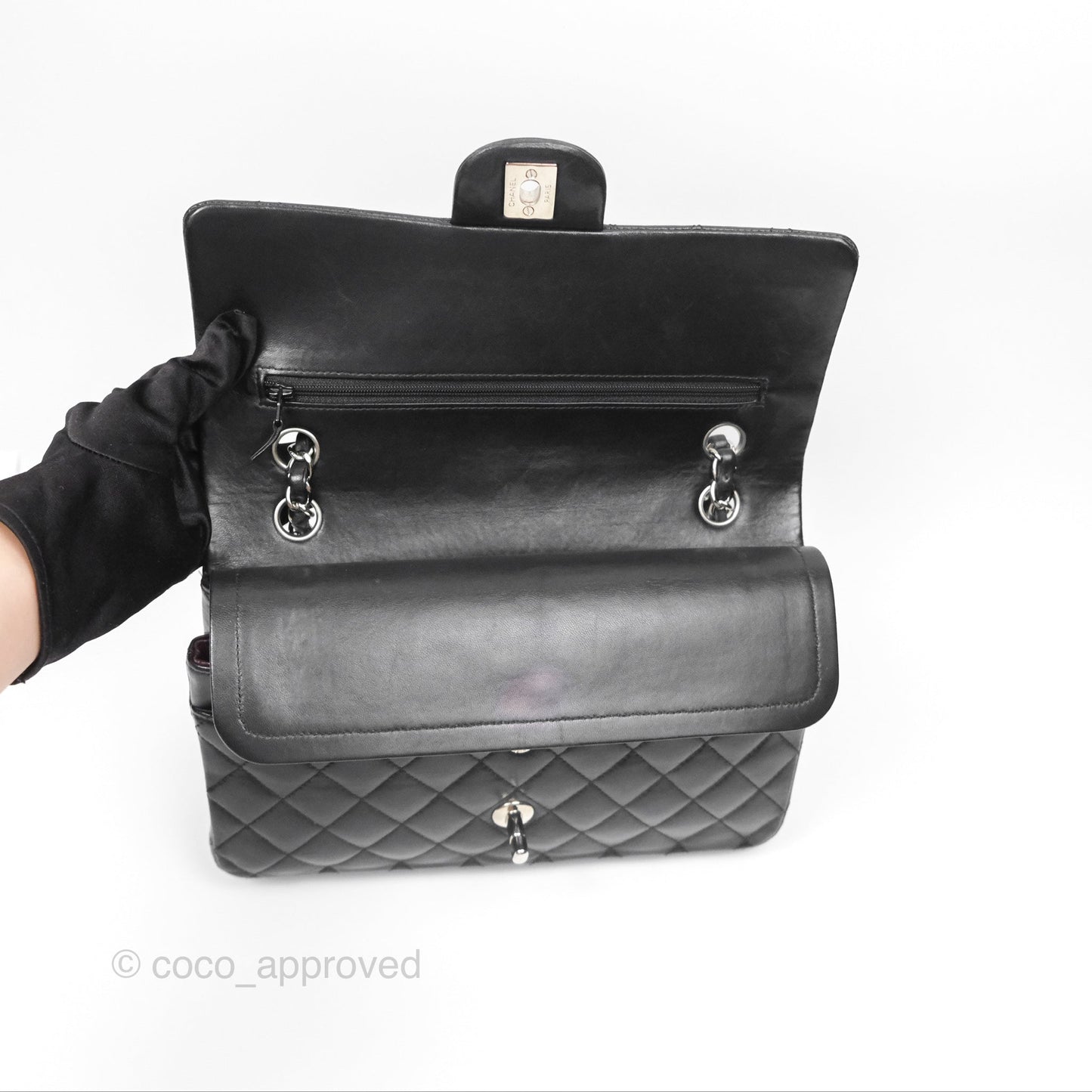 Chanel Classic M/L Medium Flap Quilted Black Lambskin Silver Hardware