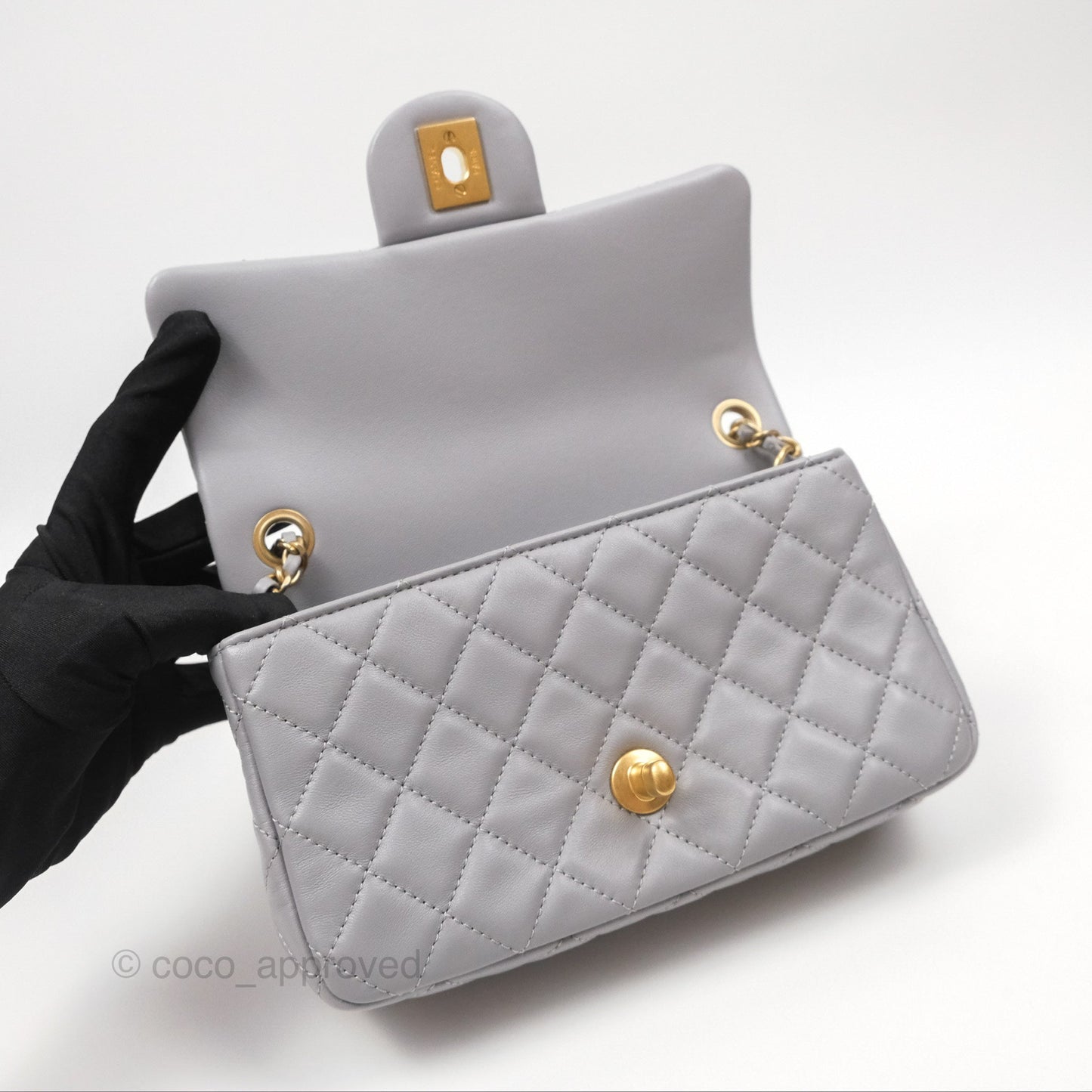 Chanel Mini Rectangular Pearl Crush Grey Lambskin Aged Gold Hardware