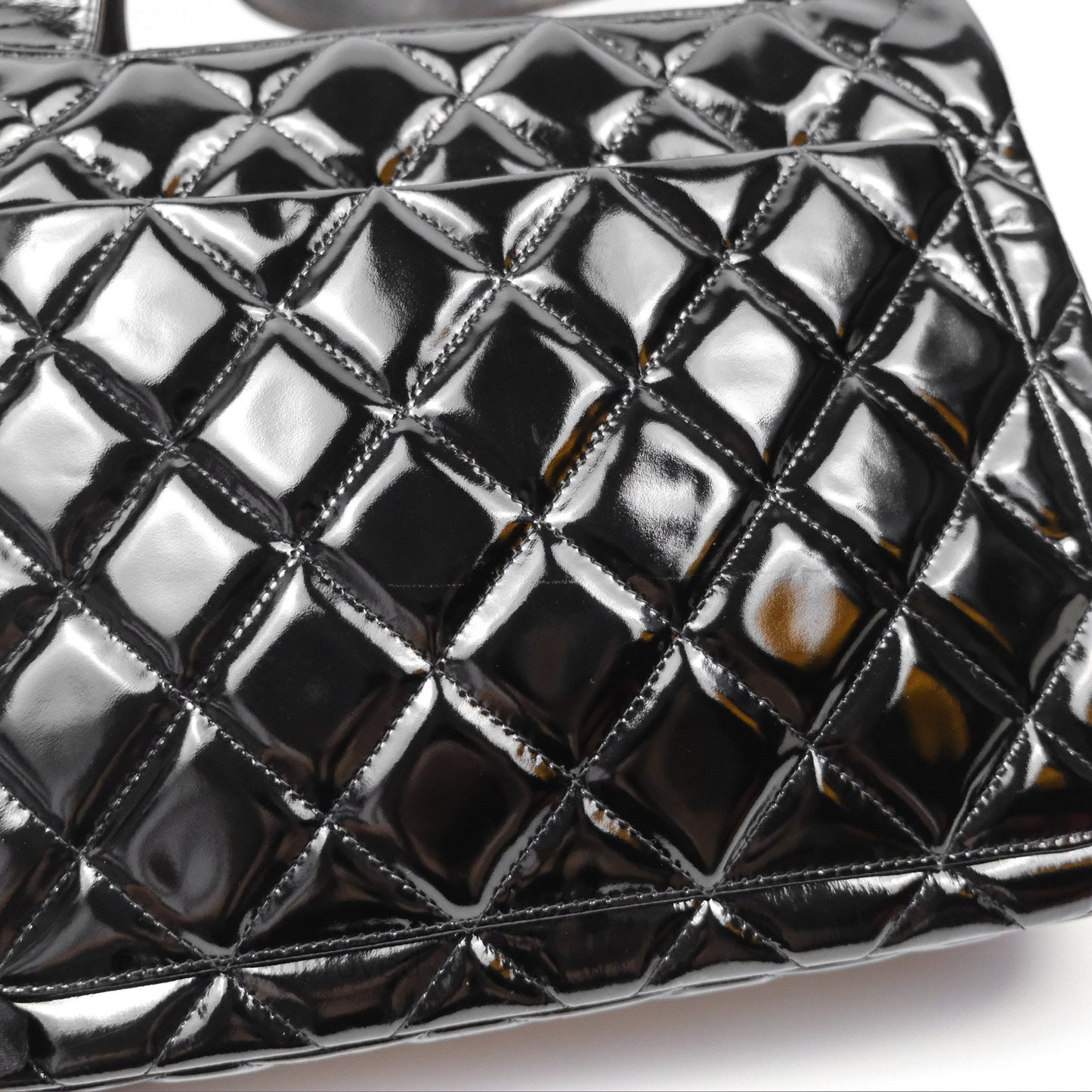 Chanel Vintage Tote Quilted Black Patent Silver Hardware