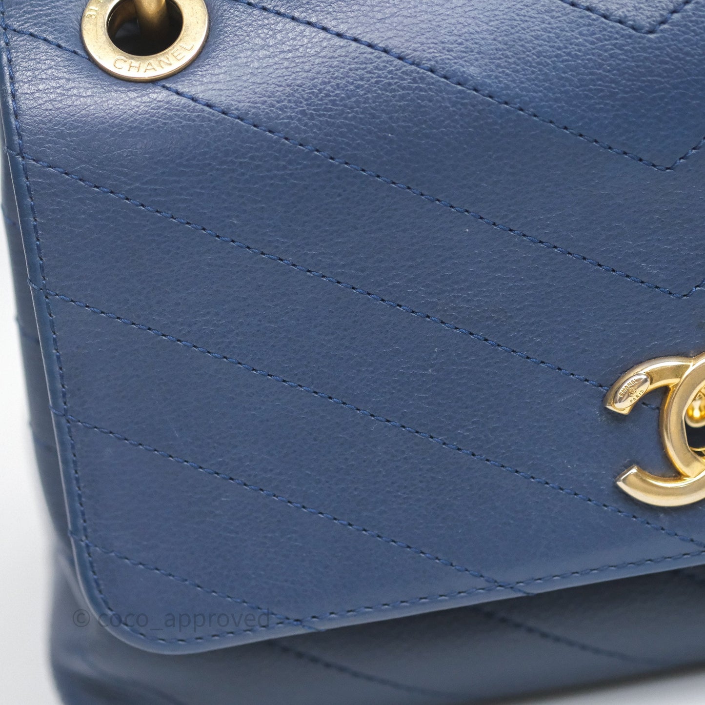 Chanel Small Chevron Python Chic Top Handle Flap Blue Calfskin Gold Hardware