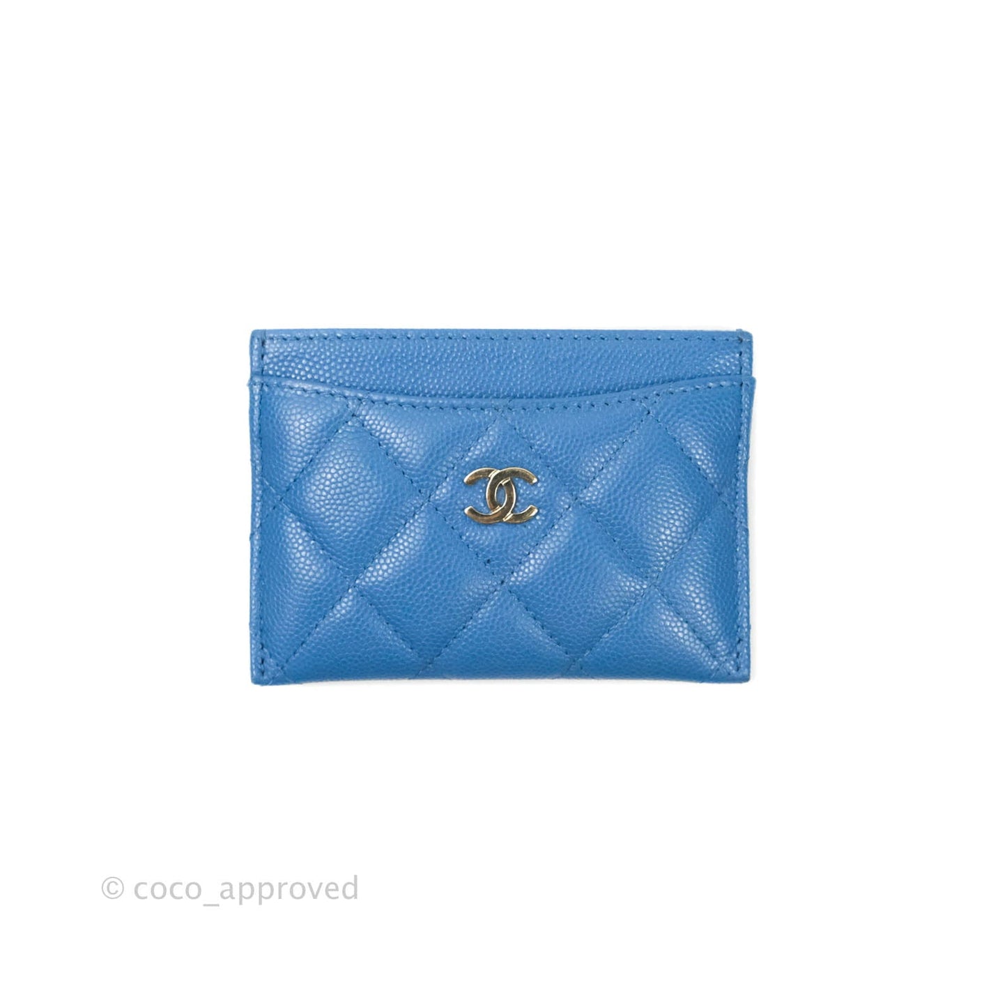 Chanel Classic Caviar Flat Card Holder Blue Gold Hardware