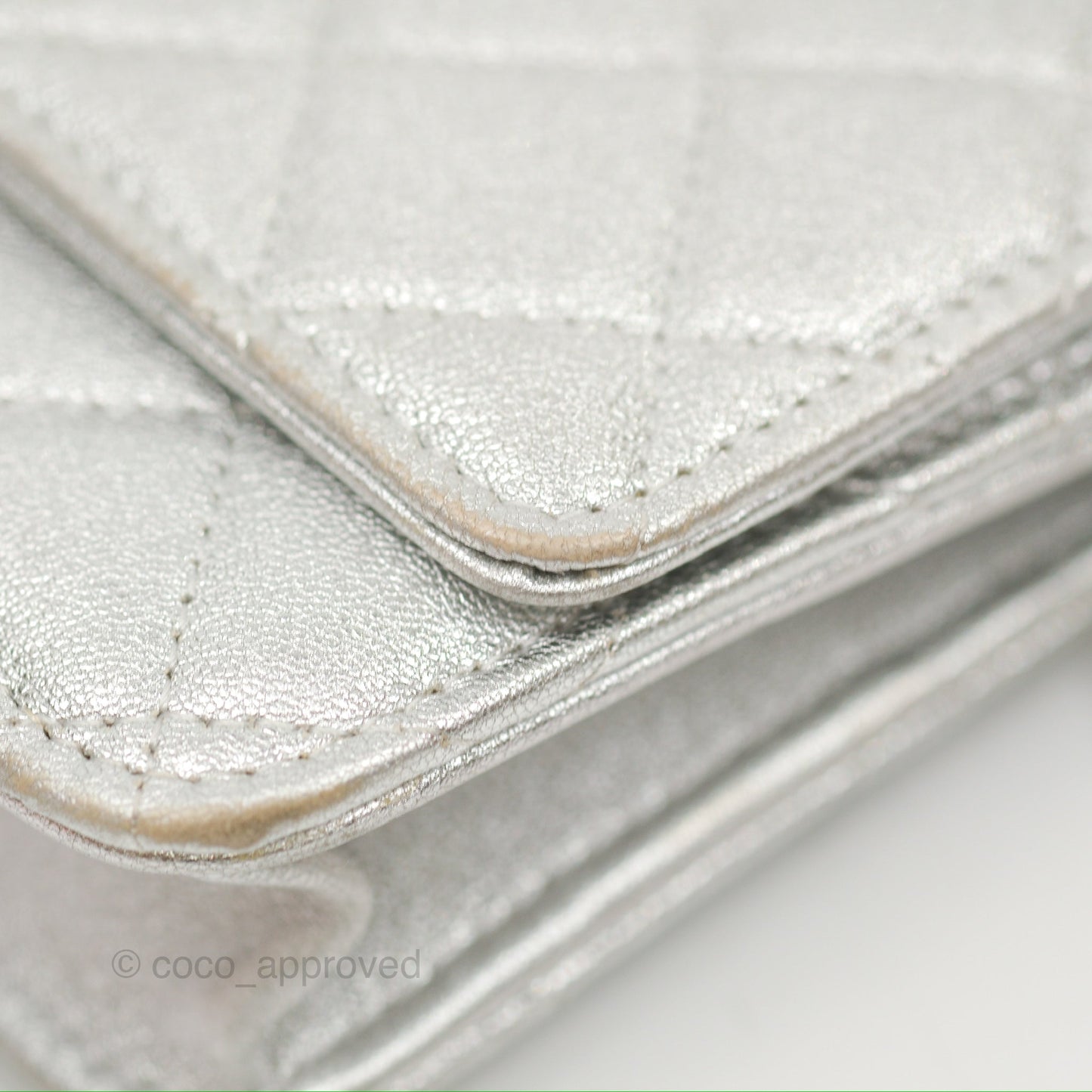 Chanel Quilted Wallet on Chain WOC Iridescent Silver Grained Lambskin Silver Hardware