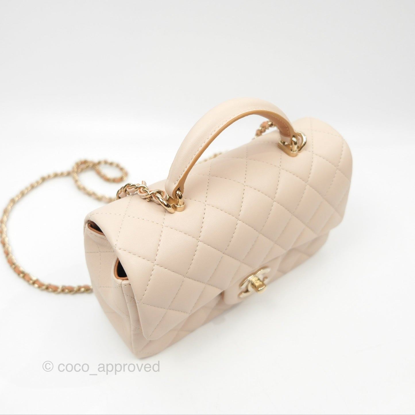 Chanel Top Handle Mini Rectangular Flap Bag Ecru/Beige Lambskin Gold Hardware 23P