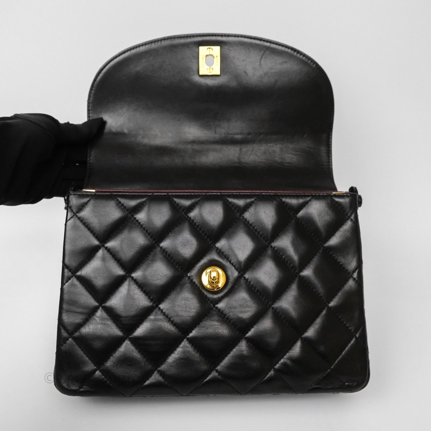 Chanel Vintage Half Moon Flap Shoulder Bag Black Lambskin 24K Gold Hardware