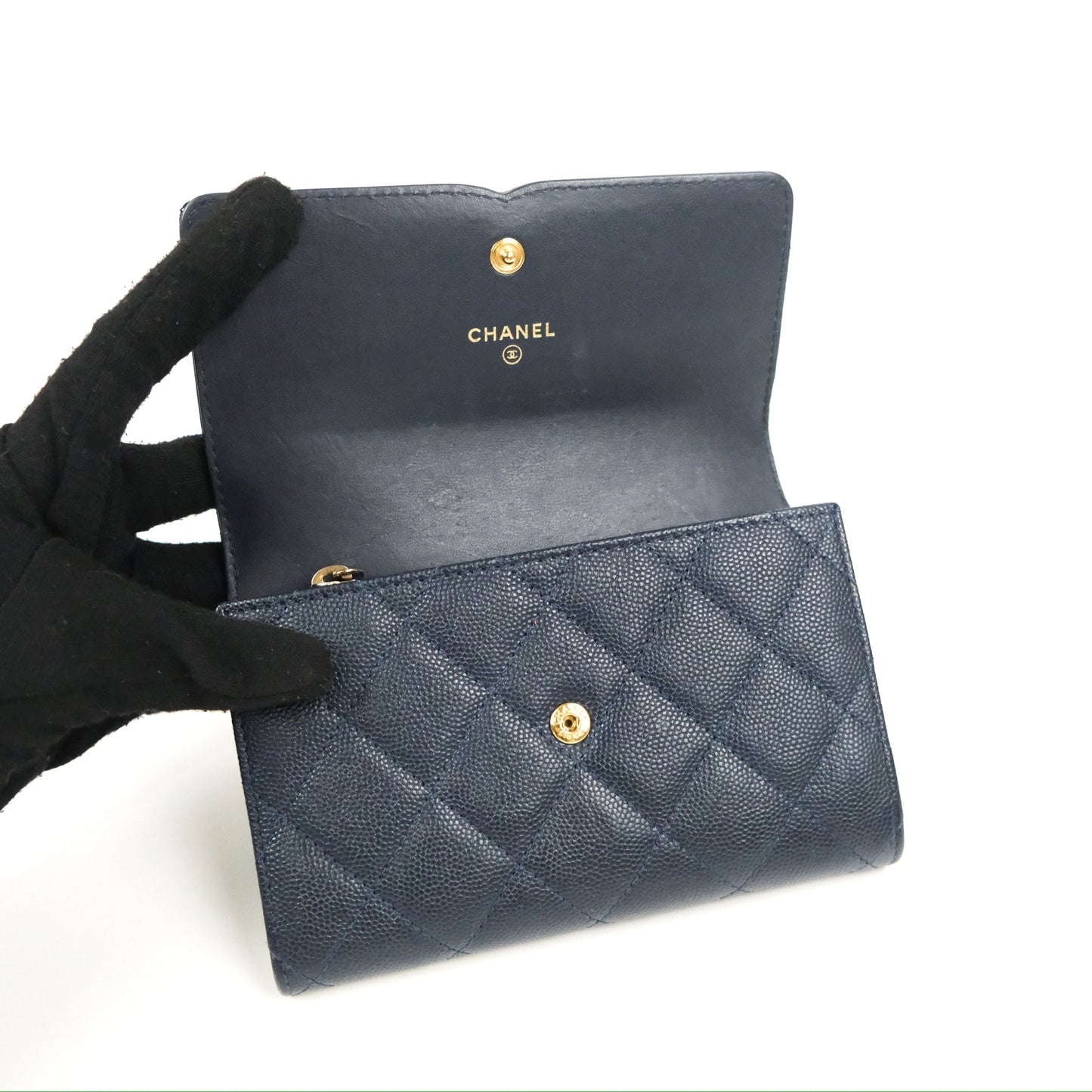 Chanel CC Filigree Small Flap Wallet Navy Caviar Gold Hardware