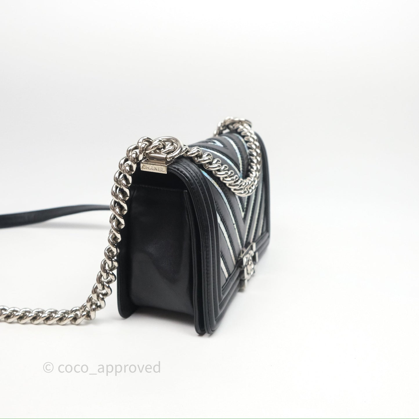 Chanel Medium Boy Chevron Iridescent PVC Lambskin Black Silver Hardware