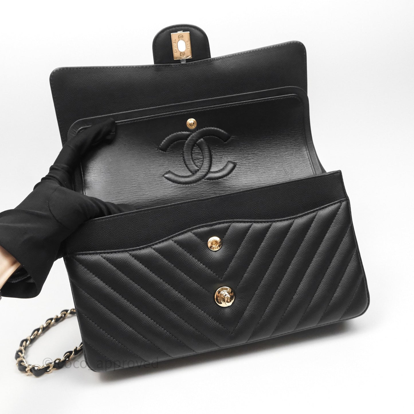 Chanel Classic M/L Medium Flap Chevron Black Caviar Gold Hardware