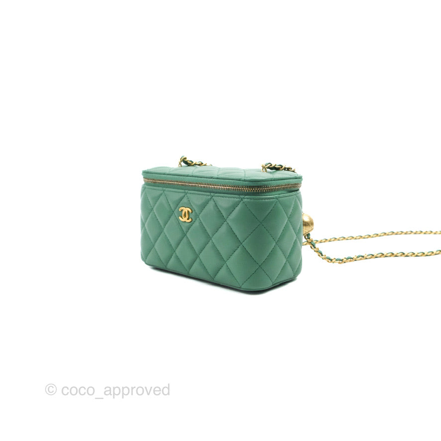 Chanel Vanity with Pearl Crush Chain Green Lambskin Aged Gold Hardware