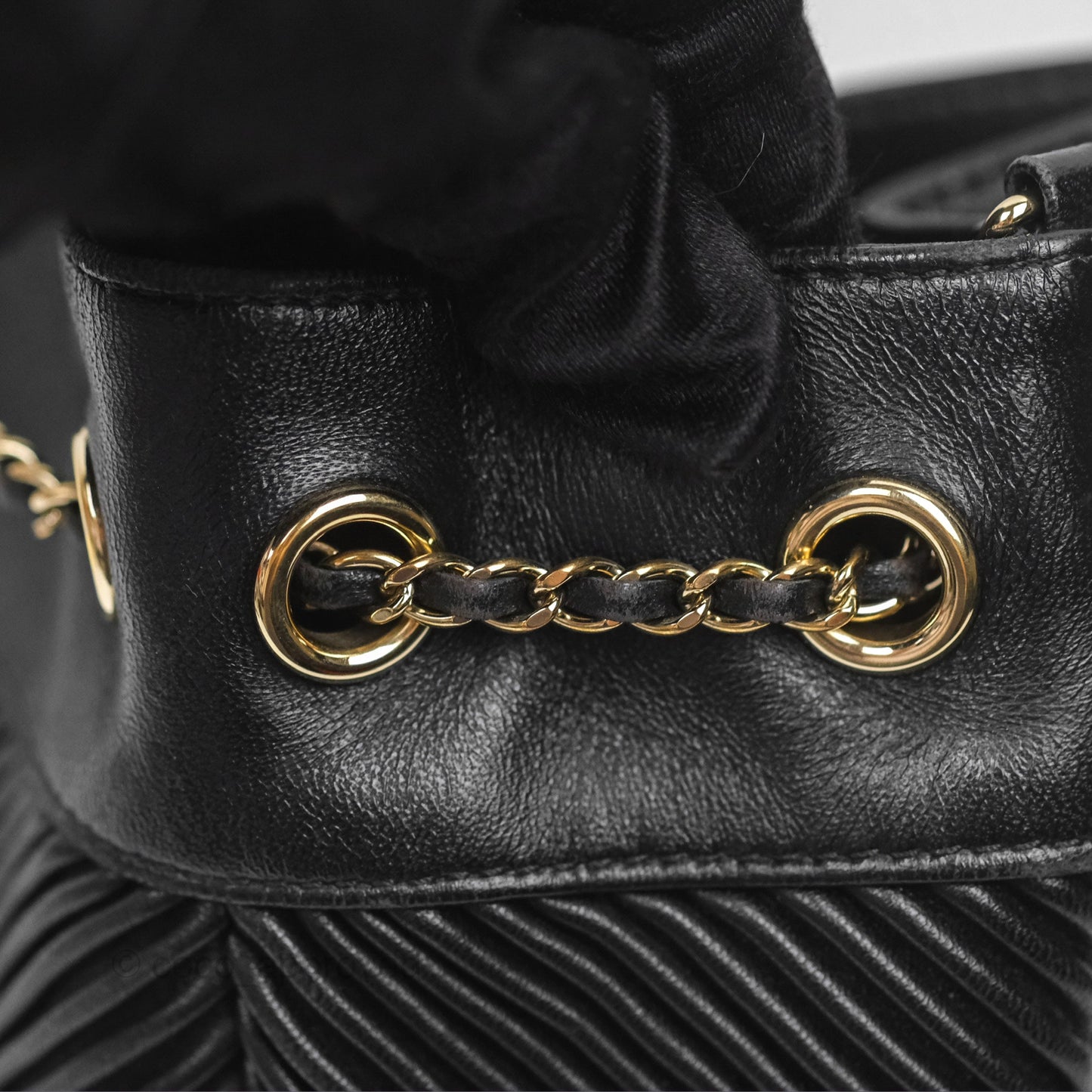 Chanel CC Chain Drawstring Bucket Bag Chevron Black Lambskin Gold Hardware