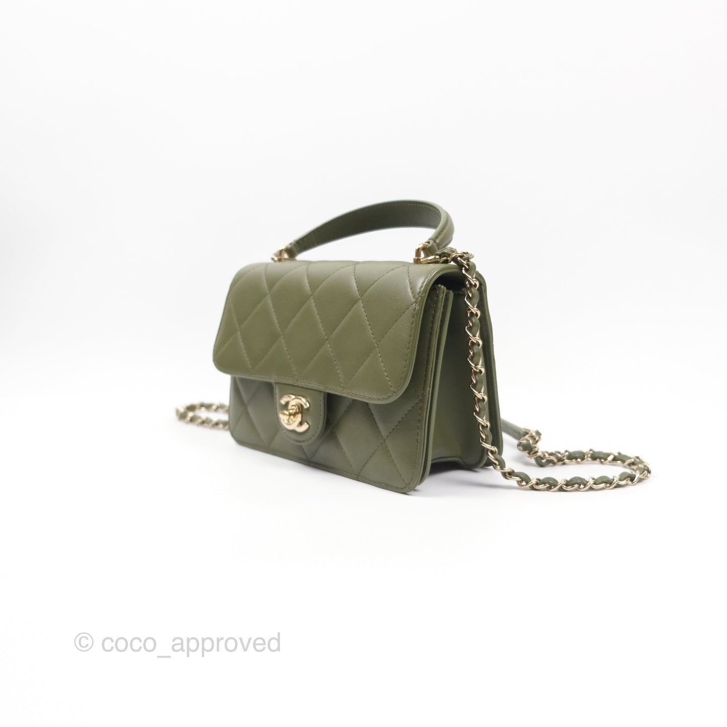 Chanel Small Coco Lady Quilted Flap Bag With Top Handle Olive Green Calfskin Gold Hardware