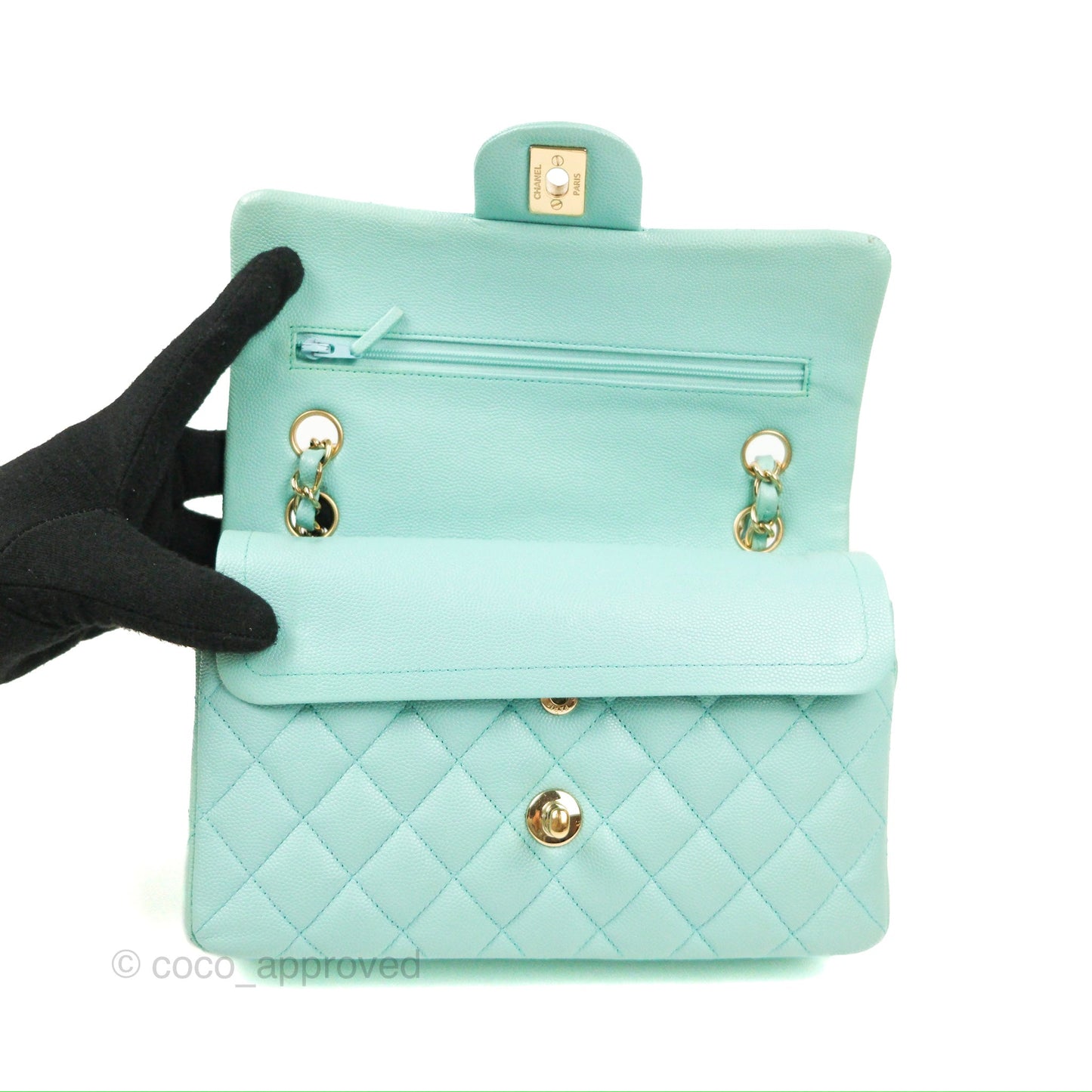 Chanel Small Classic Quilted Flap Tiffany Blue Caviar Gold Hardware 20C