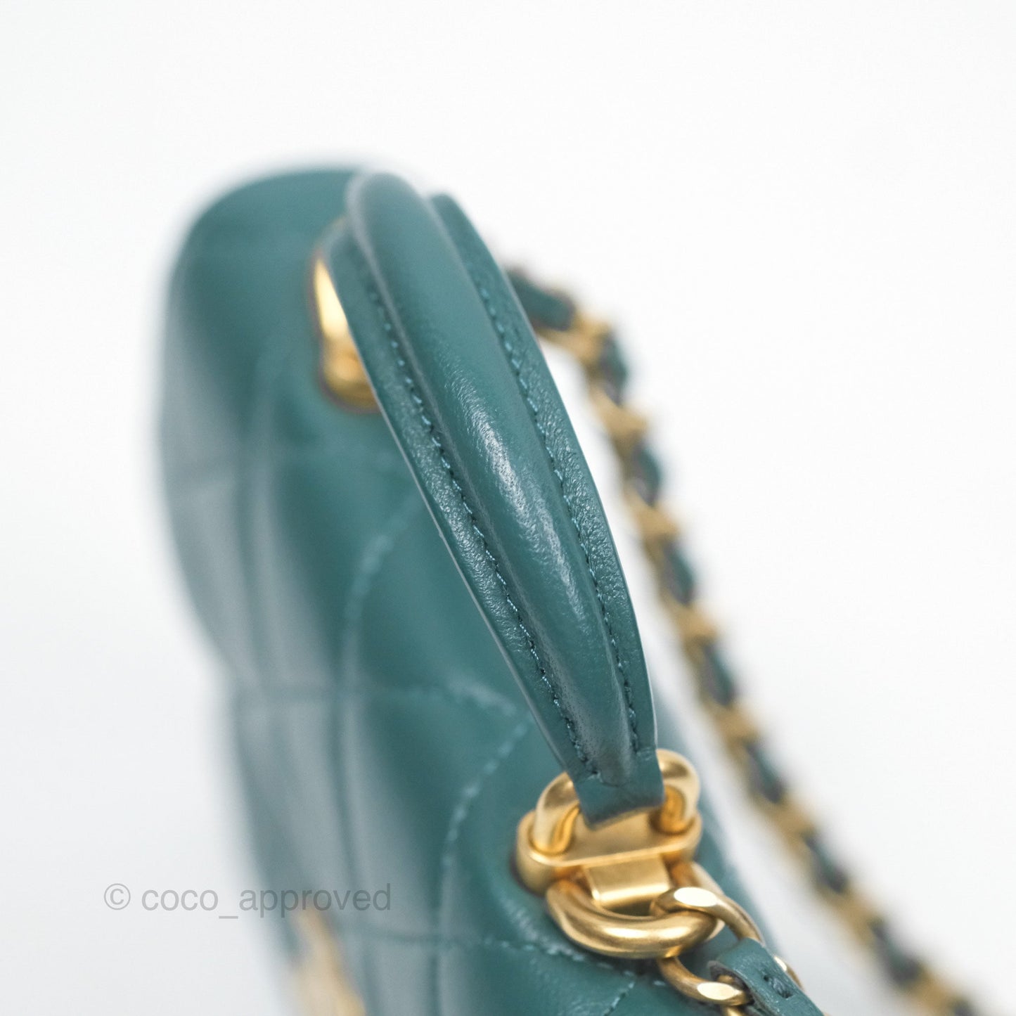Chanel Mini Handle Clutch With Chain Green Lambskin Aged Gold Hardware