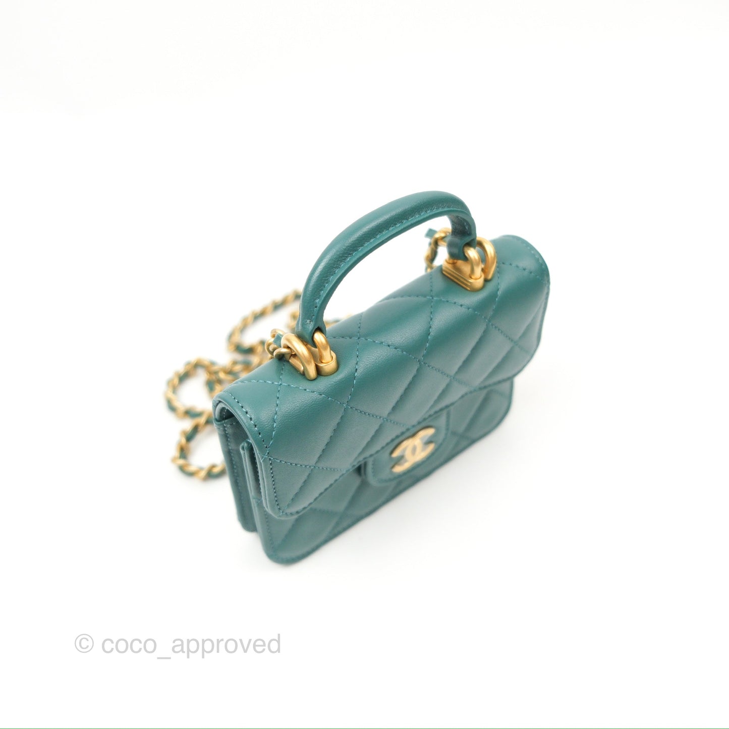 Chanel Mini Handle Flap Coin Purse With Chain Teal Green Lambskin Aged Gold Hardware