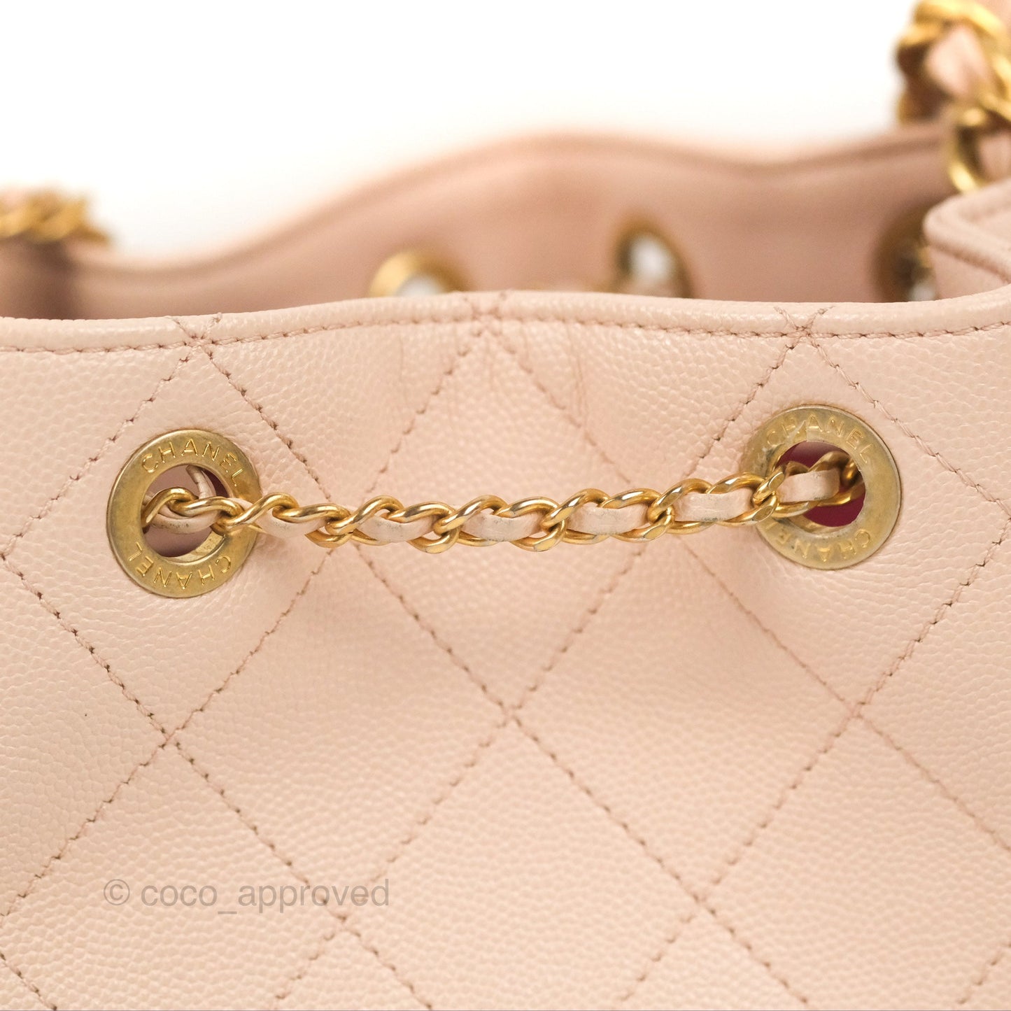 Chanel Quilted Top Handle Drawstring Bucket Bag Pink Caviar Aged Gold Hardware